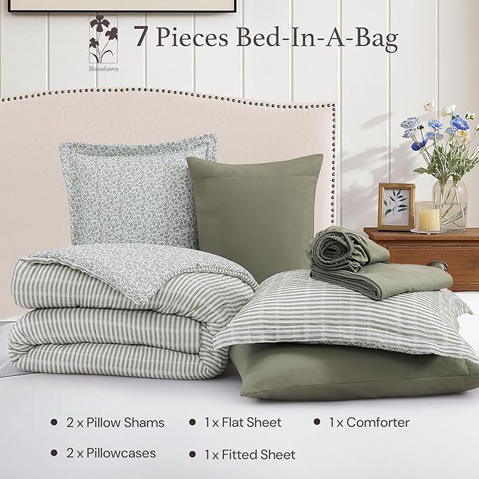 Full Comforter Set - 7 Pieces Green Gauze Muslin Bedding Sets for All Seasons, Lightweight Breathable Bed in a Bag Full with Revesible Farmhouse Comforter, Sheets, Pillowcases & Shams
