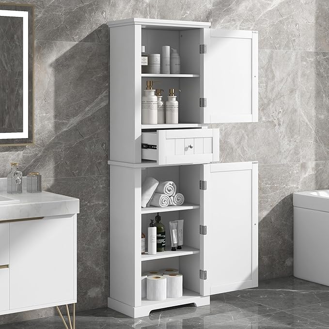 Favfurish 68" Tall Bathroom Storage Cabinet with Doors and Drawer, Modern Linen Cabinets w/Adjustable Shelf & Anti-Toppling Device, Freestanding Cabinet for Bathrooms,Living Room, Entryway,White