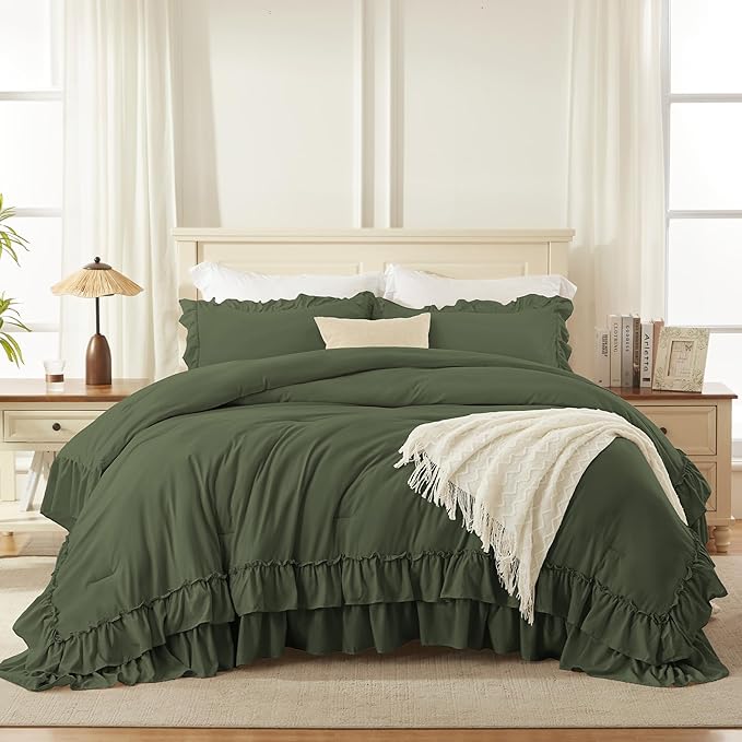 Andency Olive Green Queen Comforter Set (90x90Inch), 3 Pieces Lightweight Fluffy Ruffle Bedding Comforter Sets for Queen Bed, Farmhouse Shabby Chic Soft Microfiber All Season Bed Set
