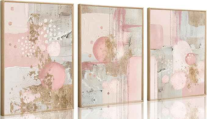 3Pcs Pink and Gold Canvas Wall Art Abstract Posters Print Geometric Pictures Decor for Living Room Bedroom Bathroom Home Decoration UnFramed