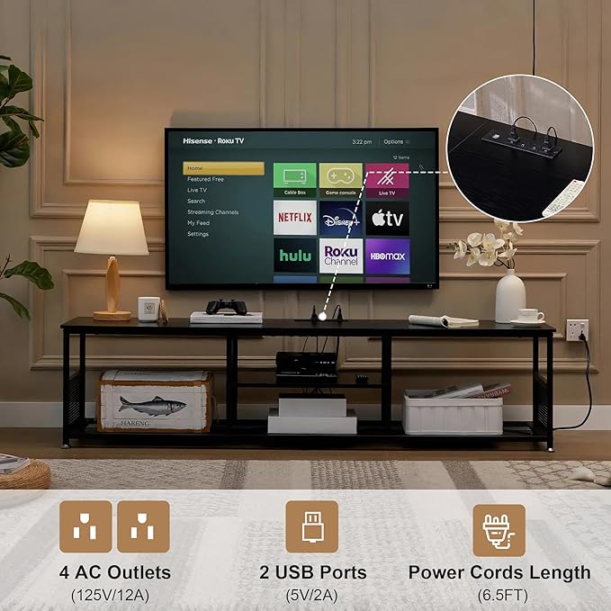 VECELO TV Stand with Power Outlets for Televisions up to 80Inch, 70" Media Entertainment Center with Charging Station 3-Tier Open Storage Shelves with Metal Frame for Living Room/Bedroom，Black