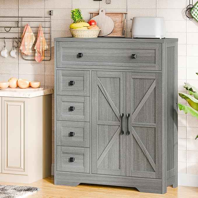 Vabches Farmhouse Storage Cabinet with 2 Doors and 5 Drawers, Freestanding Bathroom Cabinets Kitchen Pantry, Floor Storage Cabinet Hutch Cupboard for Living Room/Bathroom/Kitchen.Wash Grey