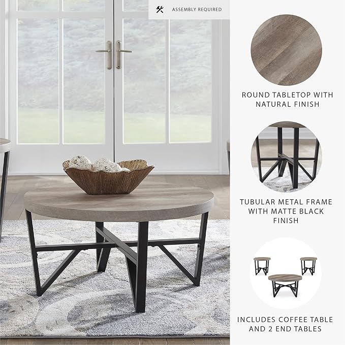 Signature Design by Ashley Deanlee Contemporary Table Set with Metal Frame, Set of 3, Light Brown & Black