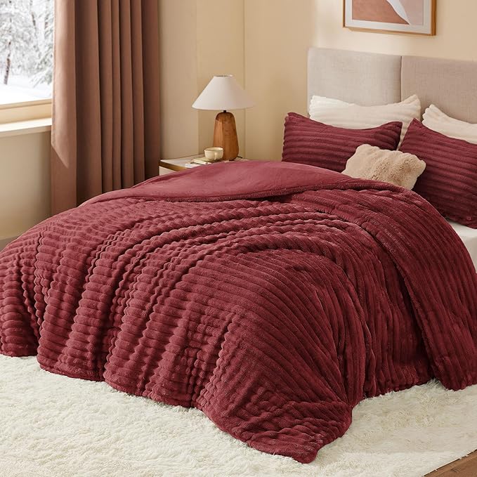 BEDELITE Fleece California King Comforter Set -Super Soft & Warm Fluffy Burgundy Bedding, Luxury Fuzzy Heavy Bed Set for Winter with 2 Pillow Cases
