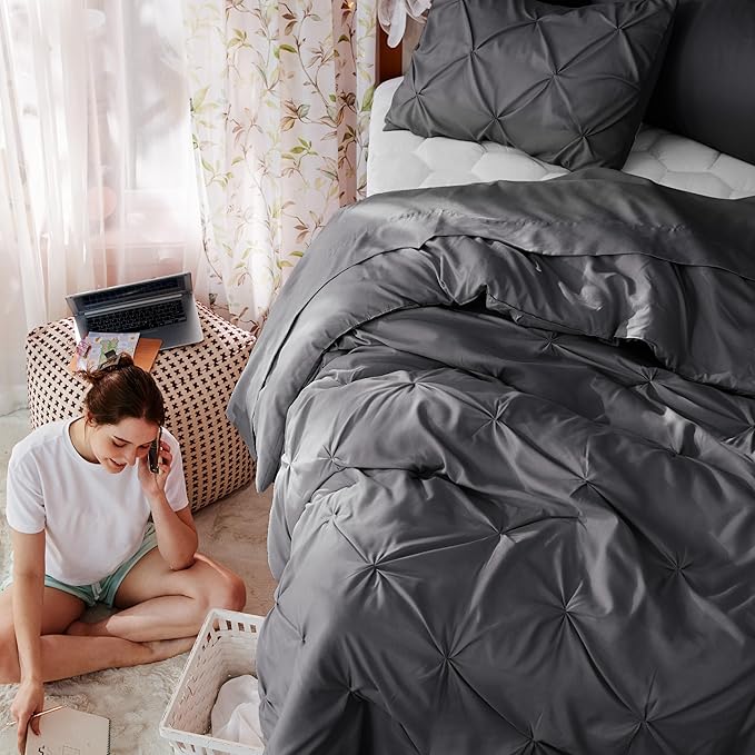Bedsure Twin XL Comforter Set - Extra Long 5 Pieces Dorm Bedding Sets, GentleSoft™ Pinch Pleat Dark Grey Bed in a Bag with Pintuck Comforter, Sheets, Pillowcase & Sham