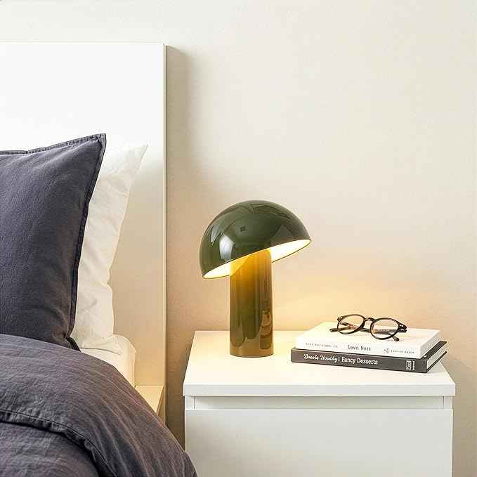 Brightech Celia Table Lamp – 10" Touch-Controlled Mushroom Desk Lamp, Cordless & Dimmable LED, Portable Bedside Night Light, Sustainable Mood Light, Recycled Modern Patio Lamp for Home Décor – Green