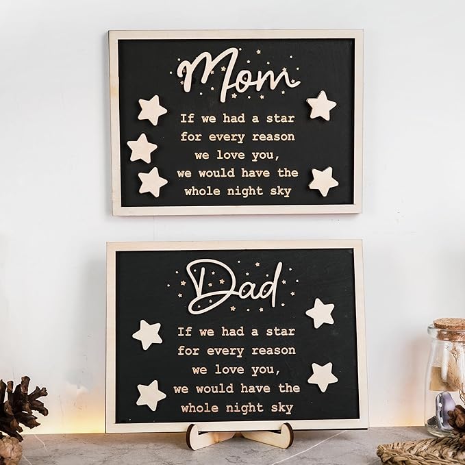 VinaTimes Personalized Star Dad and Kids Framed Sign Father's Day DIY Wooden Engraved Plaque Gifts From Daughter, Son,Wife DIY Family Names Gift for Papa Grandpa FR118-DAD