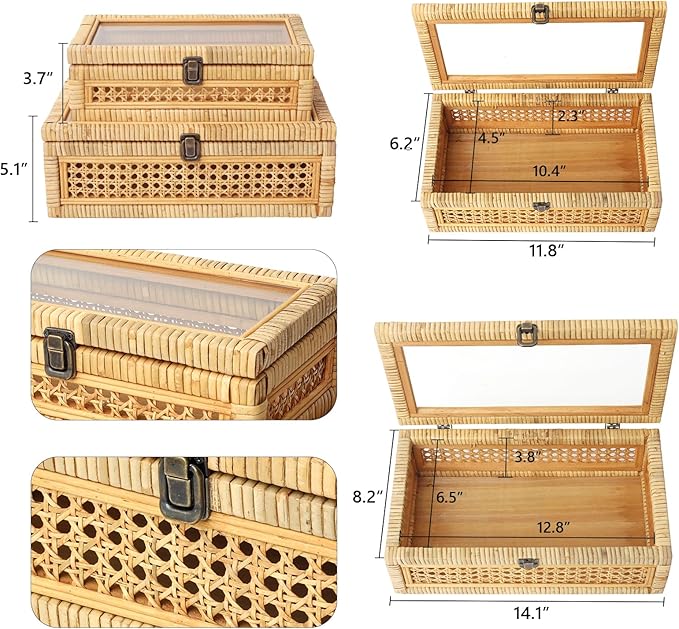 Rattan and Cane Stacking Boxes with Glass Top Lid - Set of 2 for Boho, and Rustic Farmhouse Decor
