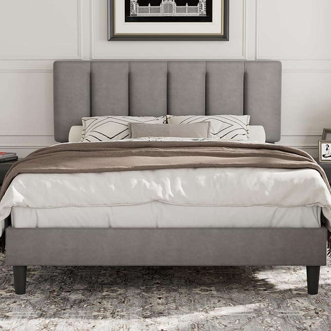VECELO Queen Bed Frame with Upholstered Headboard, Heavy-Duty Platform Bedframe with Strong Wooden Slats Support, No Boxing Spring Needed, Dark Grey
