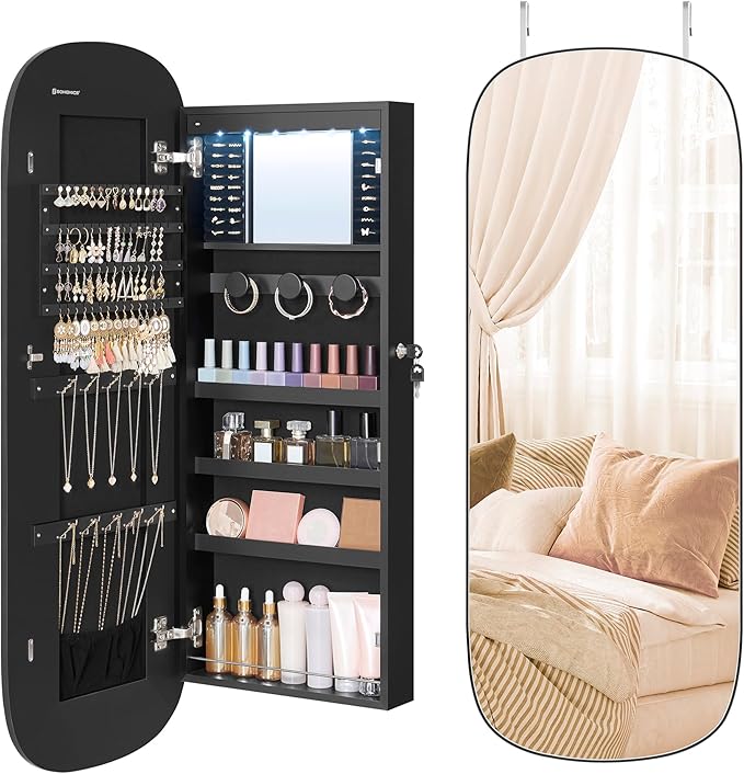 SONGMICS Jewelry Organizer, LED Jewelry Cabinet Wall/Door Mounted, Lockable Rounded Wide Mirror with Storage, Interior Mirror, 3.9 x 16.5 x 42.5 Inches, Black Surface with Black Lining