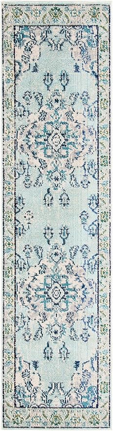 SAFAVIEH Monaco Collection Runner Rug - 2'2" x 6', Light Blue & Ivory, Non-Shedding & Easy Care, Ideal for High Traffic Areas in Living Room, Hallway, Foyer, Bedroom (MNC243K-26)