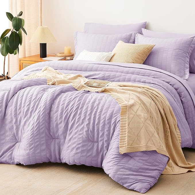 CozyLux King Seersucker Comforter Set Light Purple Bed in a Bag 7-Pieces All Season Lavender Bedding With Comforter, Pillow Sham, Flat Sheet, Fitted Sheet, Pillowcase
