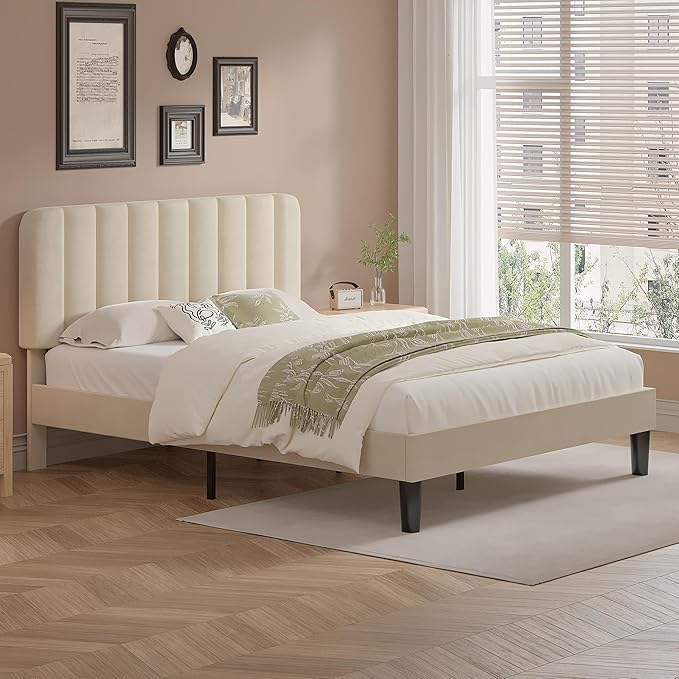 VECELO Full Size Bed Frame with Upholstered Headboard, Velvet Platform Bedframe Mattress Foundation, Strong Wood Slat Support, No Box Spring Needed,Bone Beige