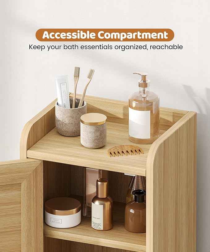 Rattan Small Bathroom Cabinet with 2 Doors, 7.9''D x 9.8''W x 34.8" H Narrow Floor Cabinet with Adjustable Shelf, Bathroom Organizer for Small Spaces, Wooden Corner Unit, Natural Oak