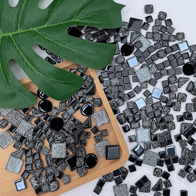 LITMIND 1.1 LB Black Irregular Glass Mosaic Tiles with Backing, Assorted Mosaic Shapes for Creative Crafts – Ideal for Adult Mosaic Kits, Puzzles, and Artwork Projects