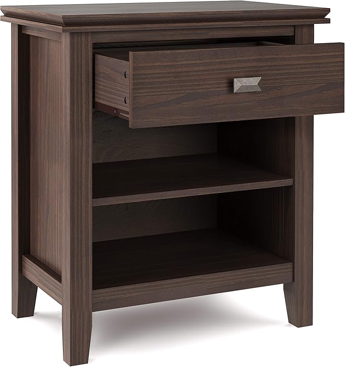 SIMPLIHOME Artisan Bedside Table - 24 inch Wide Solid Wood Nightstand Table in Warm Walnut Brown, Contemporary Bedroom Side or End Table with 1 Drawer, Open Shelf Storage and Bronze Knobs