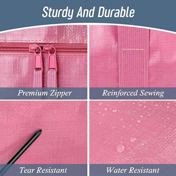 12 Pack Extra Heavy Duty Large Moving Bags with Strong Zipper & Comfortable Handles, Sturdy & Durable Clothes Storage Bags Totes Bins, Packing Moving Boxes for College Supplies, Pink