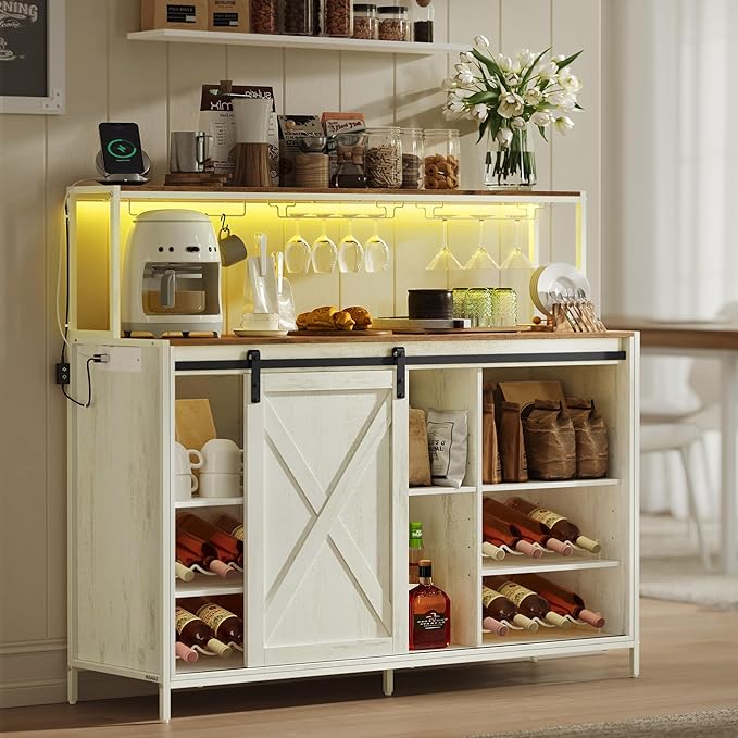 VASAGLE Coffee Bar Cabinet with Power Outlet and Voice Control LED Light, Buffet Cabinet with Sliding Barn Doors, S Hooks, Wine Glass Racks, Bottle Holders, Rustic White and Honey Brown ULSC201W01