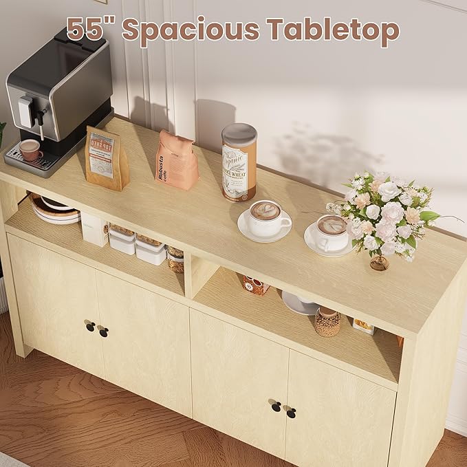 IDEALHOUSE Buffet Sideboard Cabinet with Storage, 55" Large Farmhouse Kitchen Storage Cabinet with 4 Doors & Adjustable Shelves, Wood Coffee Bar Cabinet for Kitchen, Dining Room, Living Room