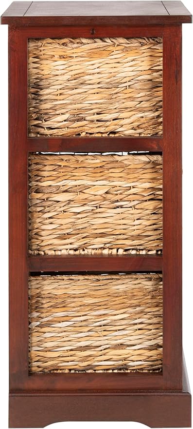 SAFAVIEH Home Collection – Halle Cherry Storage Side Table with Wicker Baskets, Farmhouse Accent Storage, Fully Assembled (AMH5738C)