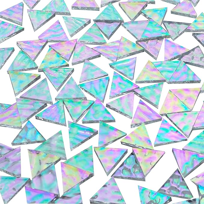 120 Pieces 1 Inch Triangles (White Clear Iridescent) Stained Glass for DIY Crafts, Precut Mosaic Tiles Bulk - Mosaic Kits, Windows, Art Projects - Stained Glass Pieces for Beginners