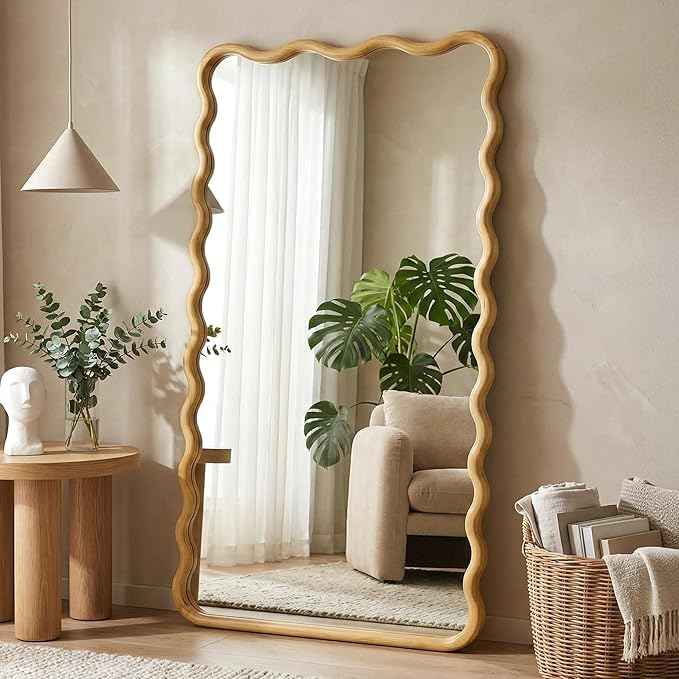 Wavy Mirror for Wall, 55"x28" Boho Wavy Wood Mirror Large Full Length Decorative Mirror with Tempered Glass, Natural Wooden Frame Vanity Mirror for Bedroom, Living Room, Entryway