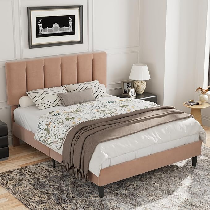 VECELO Full Bed Frame with Upholstered Headboard, Heavy-Duty Platform Bedframe with Strong Wooden Slats Support, No Boxing Spring Needed, Coffee
