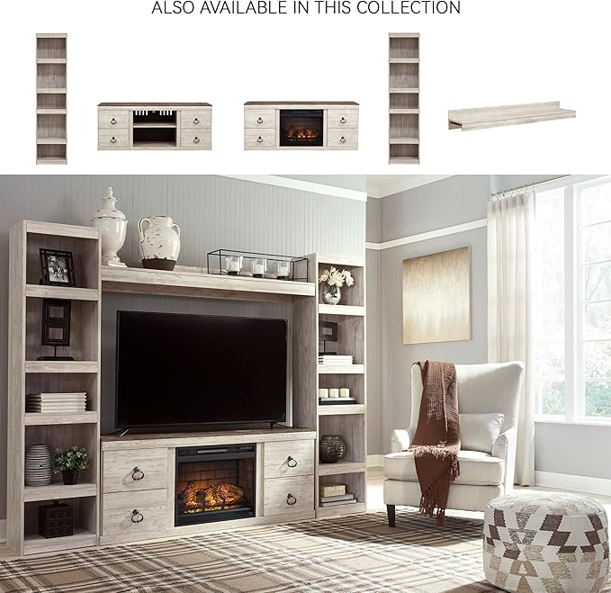 Signature Design by Ashley Willowton Cottage 60" TV Stand with Electric Fireplace for TVs up to 69", Whitewash
