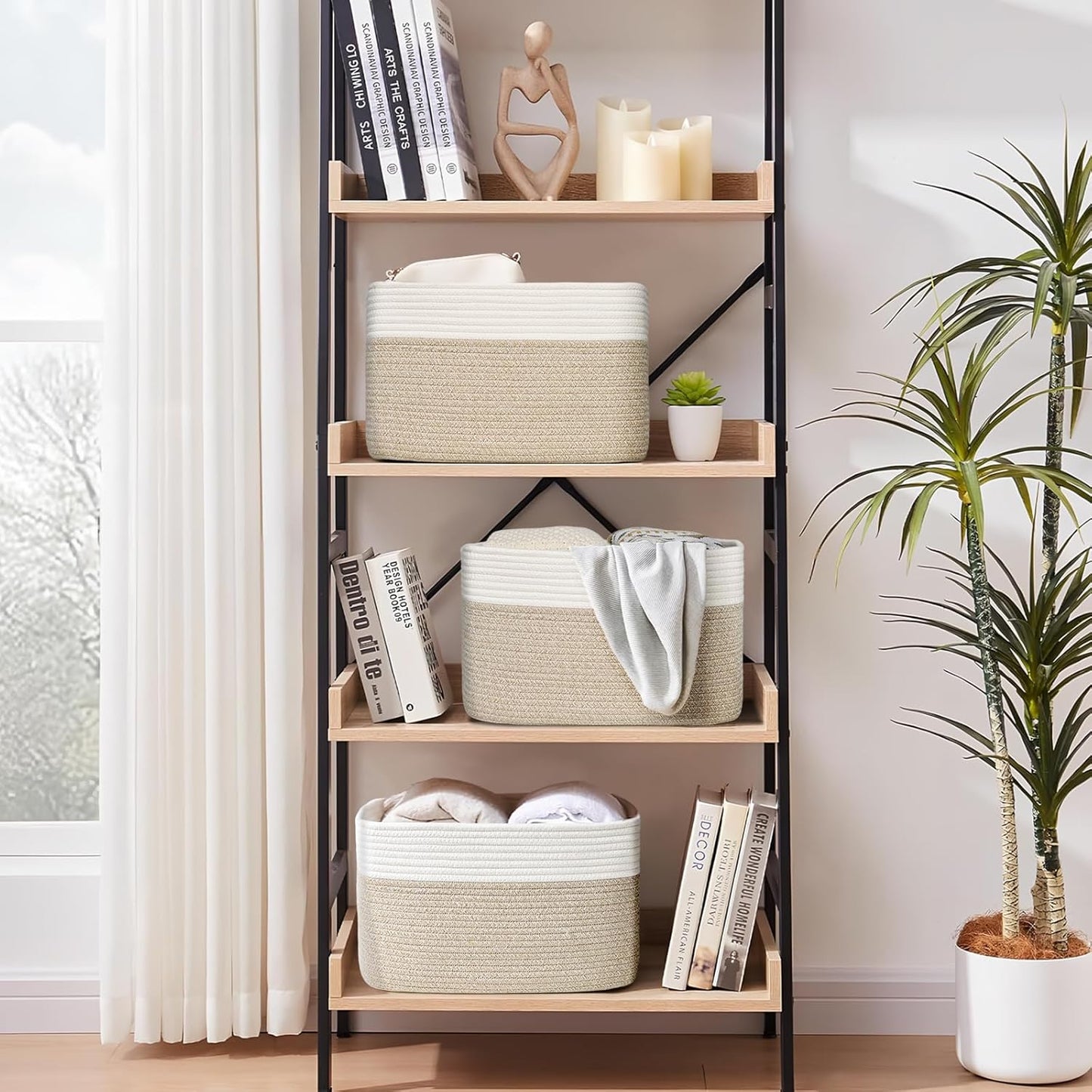 Shelf Baskets for Organizing, Woven Storage Basket for Shelves, Cotton Rope Storage Bins for Toys Books, Nursery Towel Baskets for Classroom, 14.96"X9.8"X8.85", 3-Pack White/Brown