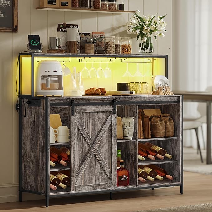 VASAGLE Coffee Bar Cabinet with Power Outlet and Voice Control LED Light, Buffet Cabinet with Sliding Barn Doors, S Hooks, Wine Glass Racks, Bottle Holders, Maple Gray ULSC201G01