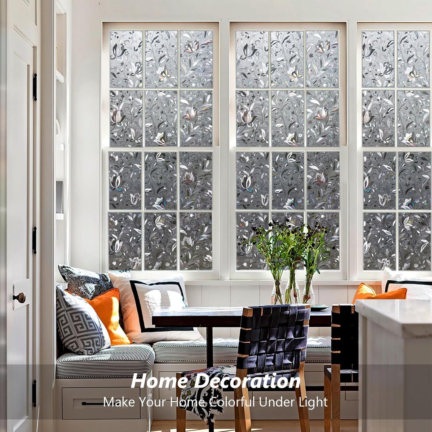 Kromapolis Window Film, Window Privacy Film Frosted, Vinyl Glass Covering, Stained Glass Decorative Film, Static Window Clings, Non-Adhesive (Grayish Black, 11.8 x 157.4 inch)