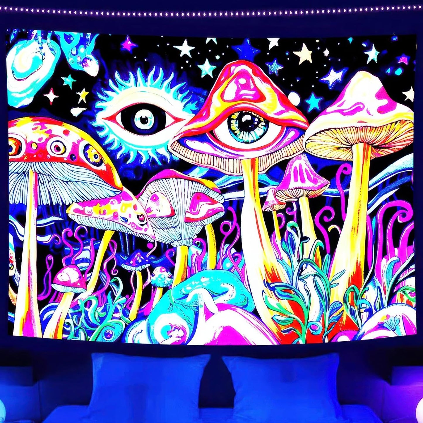 BlissYard Blacklight Tapestry Mushrooms Tapestry for Bedroom Uv Reactive Tapestry 78x59 Inches Cosmic Mushrooms Wall Hanging, Fluorescent Art Decoration with Eyes, Stars, and Psychedelic Design