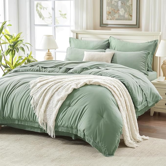 Andency Oversized King Comforter Set Sage Green 120x98-7 Pieces Boho Tassel Bed in a Bag Soft Lightweight Bedding Sets, Fringe All Season Bed Set with Comforter, Sheets, Pillowcases & Shams