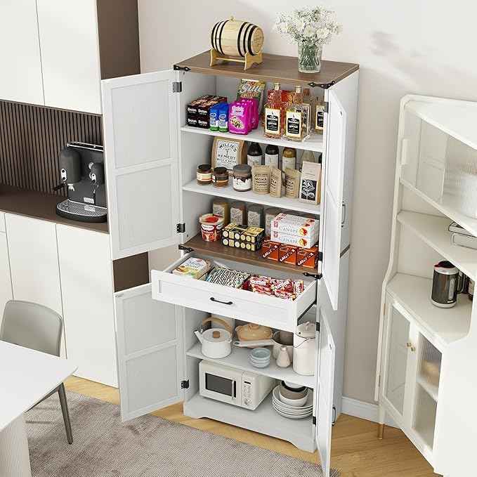 Vabches 72" Kitchen Pantry Storage Cabinet with Large Capacity Drawer, Adjustable Shelves, Freestanding Cupboard for Kitchen, Dining Room, Living Room, White