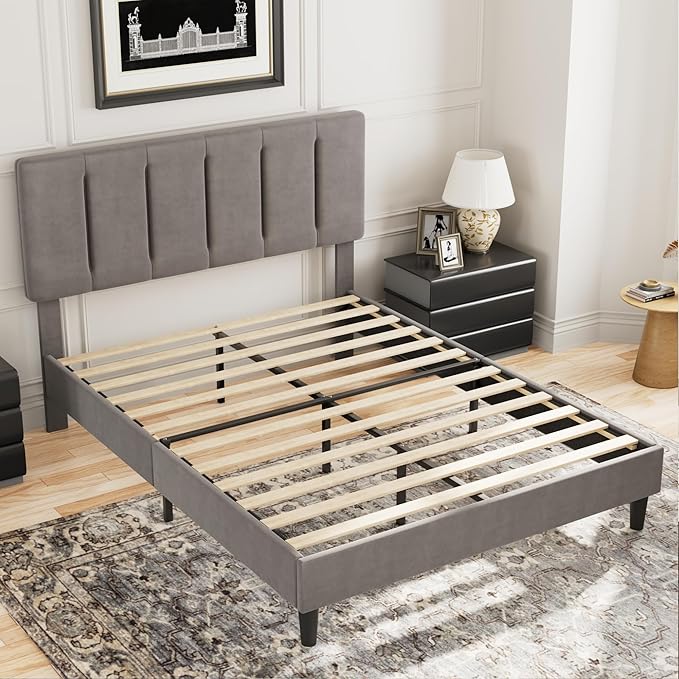 VECELO Queen Bed Frame with Upholstered Headboard, Heavy-Duty Platform Bedframe with Strong Wooden Slats Support, No Boxing Spring Needed, Dark Grey