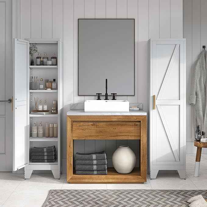 COFaR Tall Bathroom Storage Cabinet, Metal Farmhouse Narrow Slim Cabinet with Adjustable Shelves Barn Door for Bathrooms, Kitchens, Entrances Living Room (White)