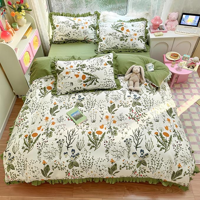 LifeTB Botanical Flower Comforter Set Full Vintage Green Floral Bedding Comforter with Elegant Ruffles Reversible Boho Floral Bedding Set Fluffy Princess Lace Ruffle Comforter Set for Kids Teen Girls