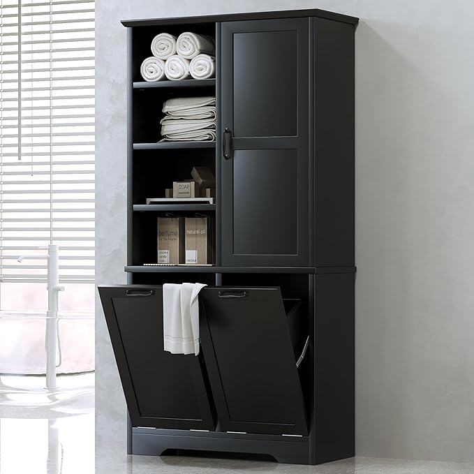 68" Tall Bathroom Storage Cabinet with Two Doors and Two Laundry Hampers for Home Display Organizer, Adjustable Shelf, Black