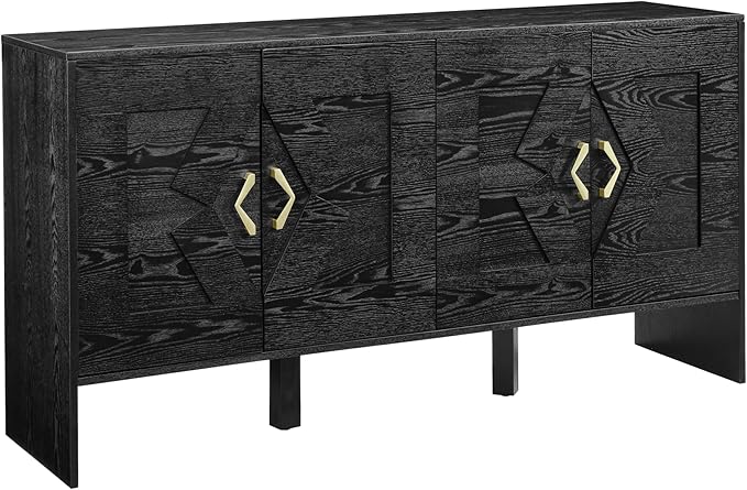 Ball & Cast 60" Mid Century Modern Sideboard Buffet Cabinet with Storage, Credenza & Media Console w/Geometric Pattern Doors & Adjustable Shelves for Living Room,Kitchen Coffee Bar,Entryway,Black