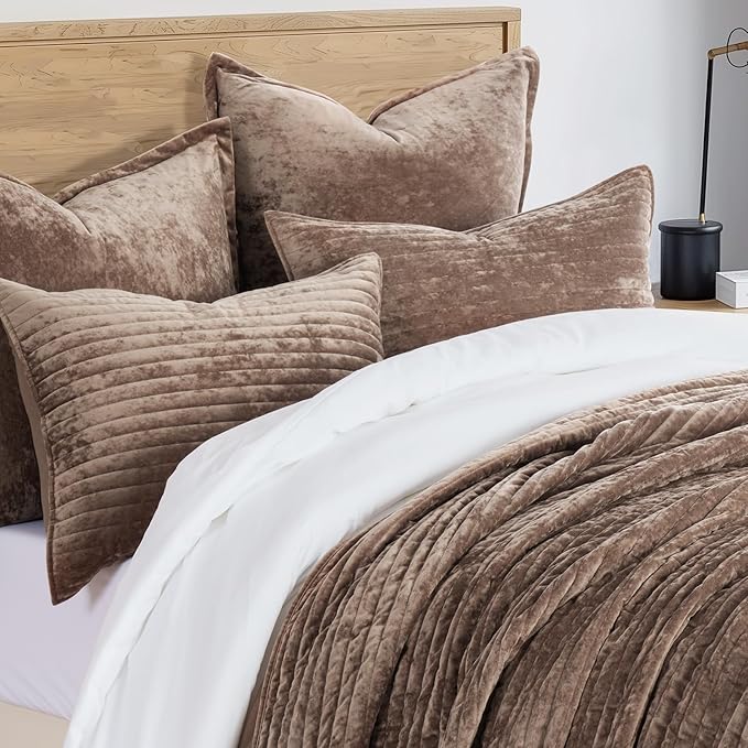 EVERGRACE Velvet Quilt Set Queen Size, Luxurious Soft Striped Channel Bedding Set, Lightweight Velvet Comforter for All Season, Oversized Bedspread Coverlet with 2 Matching Shams, Mocha Brown