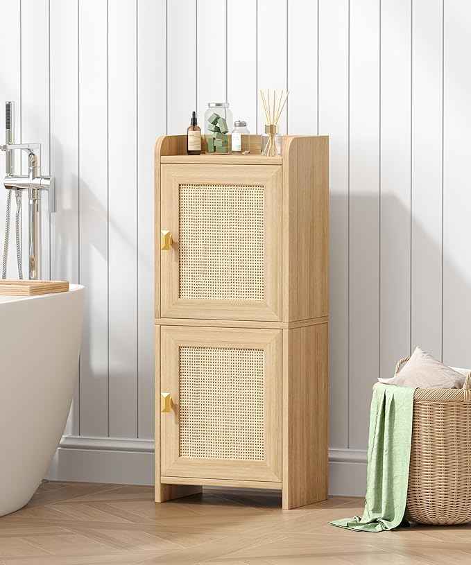 Rattan Small Bathroom Cabinet with 2 Doors, 7.9''D x 11.8''W Narrow Toilet Paper Storage Cabinet, Bathroom Organizer for Small Space, Wooden Slim Corner Unit with Adjustable Shelf, Natural Oak
