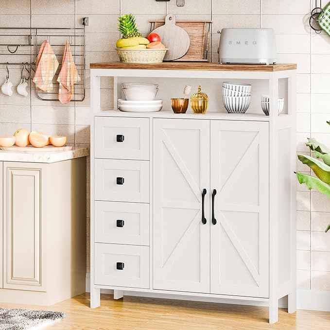 Vabches Farmhouse Storage Cabinet with 2 Doors and 4 Drawers, Freestanding Bathroom Storage Cabinets, Kitchen Pantry Cabinet, Floor Hutch Cupboard for Kitchen/Living Room/Bathroom(Unique White).