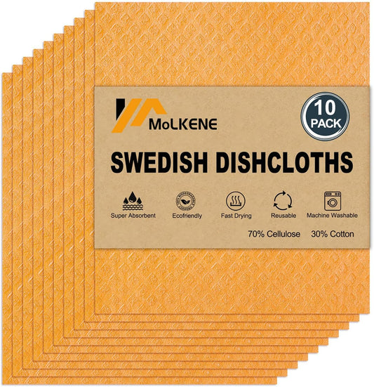 Swedish Dishcloths - 10 Pack Reusable Kitchen Dishcloths - Ultra Absorbent Dish Towels for Washing Dishes - Cellulose Sponge Cloth Cleaning Cloths - Orange