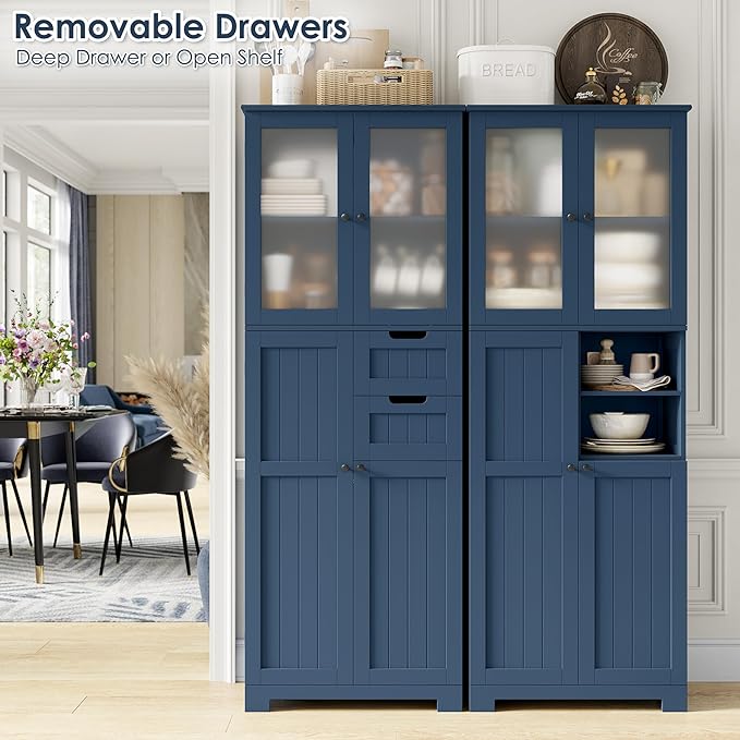 67'' Tall Bathroom Storage Cabinet, Linen Cabinet with Glass Doors and Adjustable Shelves, Kitchen Pantry with 2 Drawers for Bathroom, Living Room, Dining Room, Blue