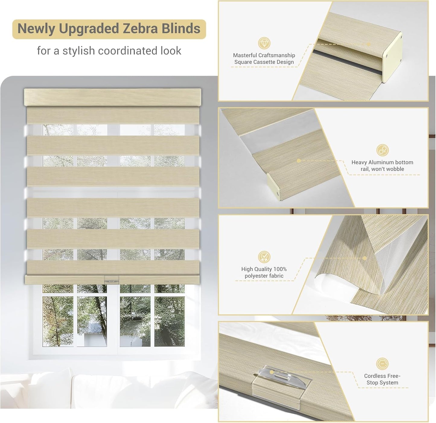 Cordless Zebra Blinds for Windows, Blackout Interior Blinds,Easy to Install,UV Protection,for Offices and Home,Custom Roller Shades, Mousse Beige,82" W x 64" H