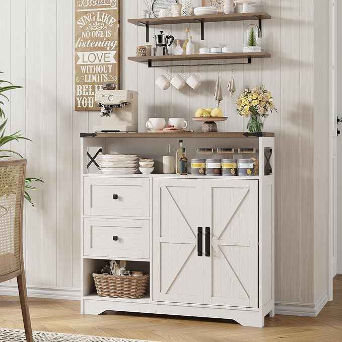 Vabches Farmhouse Buffet Sideboard Cabinet with Drawers and Open Shelf, 38.5" Storage Cabinet with Adjustable Shelves and Door, Modern Coffee Bar Hutch Pantry for Kitchen, Living Room, Entryway, White