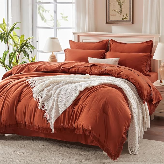 Andency Oversized King Comforter Set with Sheets 120x120 Terracotta - 7 Pieces Boho Tassel Bed in a Bag Soft Lightweight Bedding Sets, Fringe Bed Set with Comforter, Sheets, Pillowcases & Shams