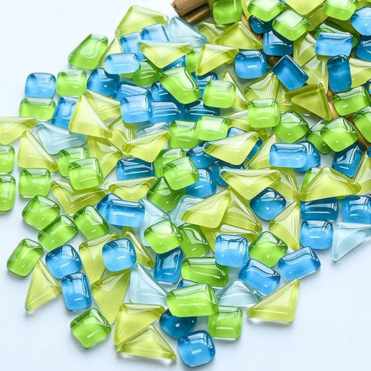 200g Square Triangle Rectangle Mixed Colors Shine Crystal Series Mosaic Tiles, Glass Mosaic Tiles Glitter Crystal Mosaic Perfect for Home Decoration Crafts, Irregular Size (Yellow Green Blue Mix)