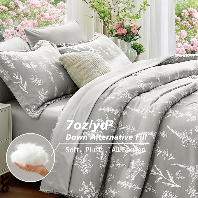 MUXHOMO Silver Grey Bed in a Bag Queen 7 Pieces, Queen Comforter Set Reversible Botanical Flowers Design, Ultra Soft & Breathable Bedding Sets with Comforter, Sheets, Pillowcases & Shams