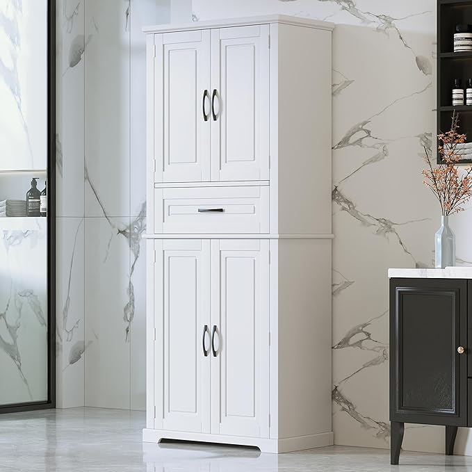 72" Storage Cabinet with Multi-Functional Rack Organizer, Tall Kitchen Cupboard Pantry for Home/Living Room/Office/Bathroom, Adjustable Shelf, White